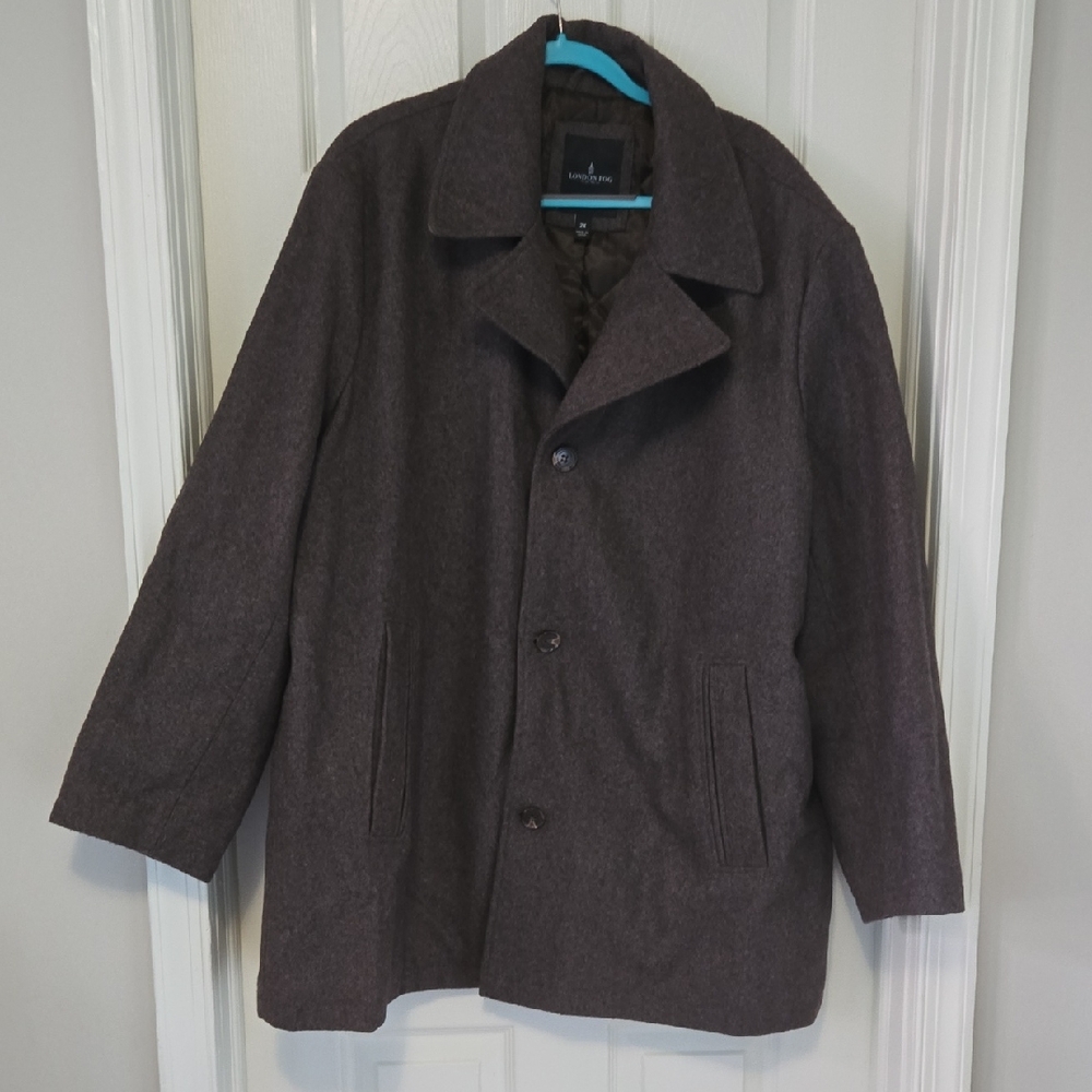 London Fog Brown Pea Coat Wool Blend Notched Lapel